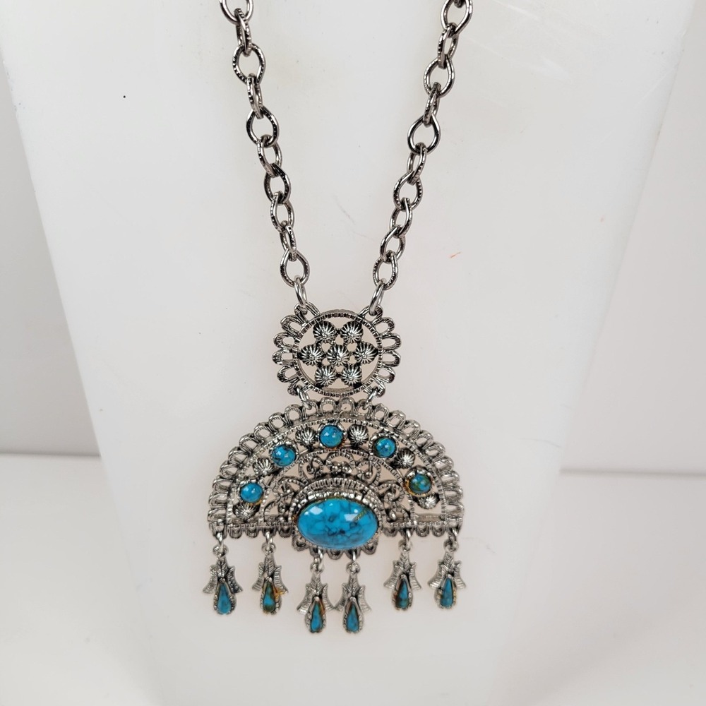 Turquoise Style Pendant Necklace Silver Tone Boho Dangle Statement 26in Jewelry